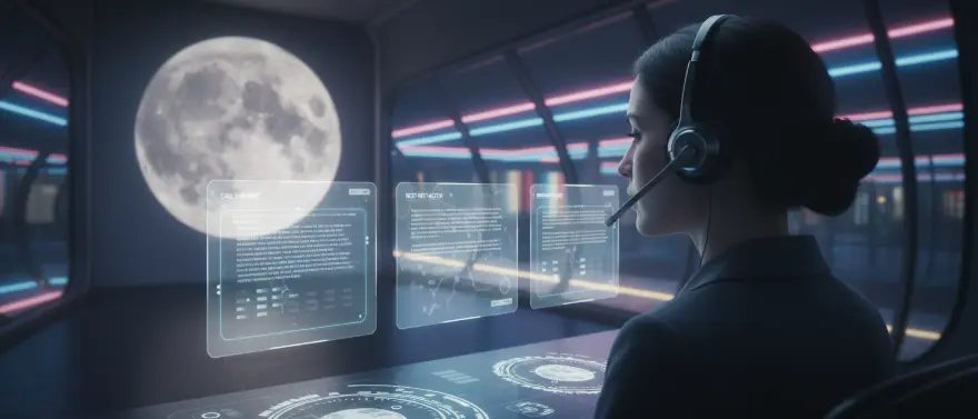 Call center agent wearing a headset looks at floating AI training panels with a simple summary and next steps on a glowing dashboard, with a moon-like wall projection and faint neon streaks in the background.