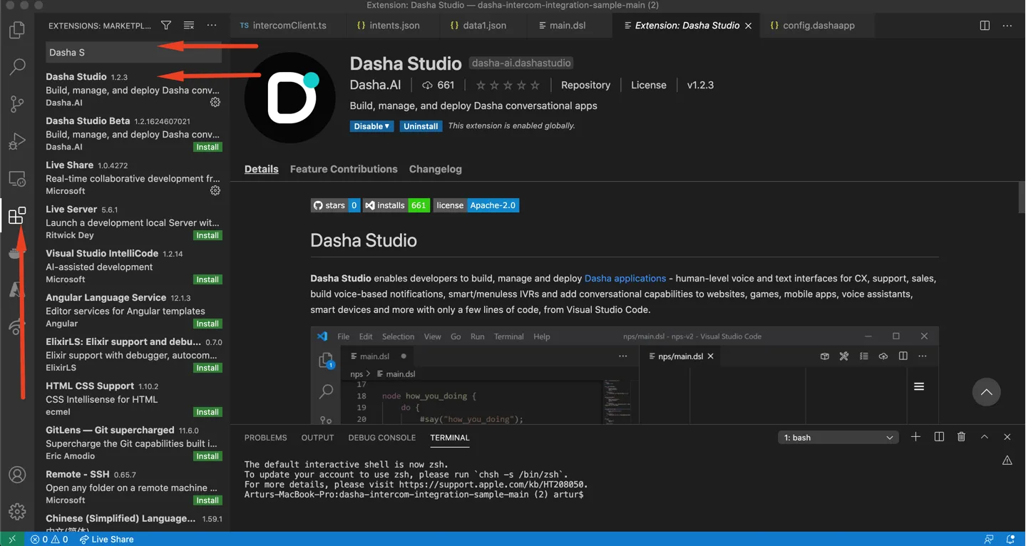 Install Dasha Studio extension in Visual Studio Code 