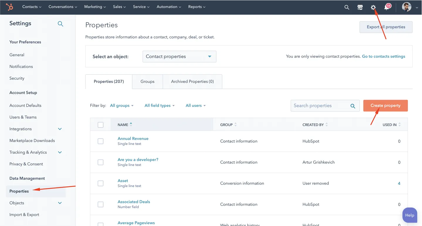 Settings > Properties > Create Property in Hubspot