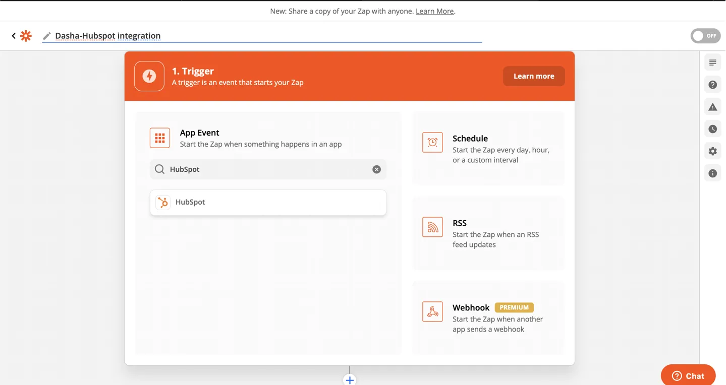 Add Hubspot as starter event to your Zapier Zap