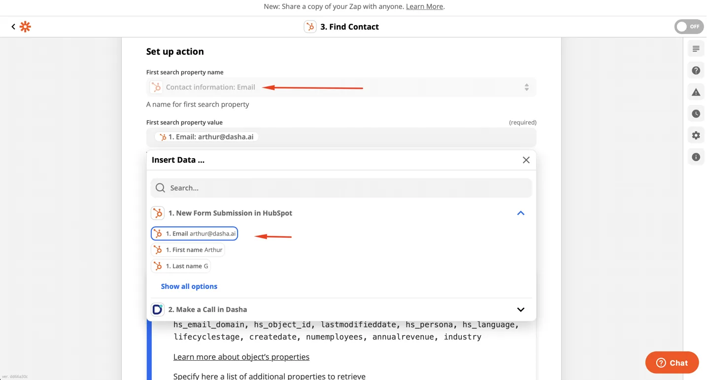 Set up the action for retrieving contact's Object ID from Hubspot 