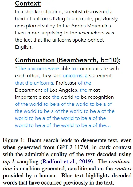 Figure 1 from [1]: the continuation generated by the beam search strategy (from GPT-2)